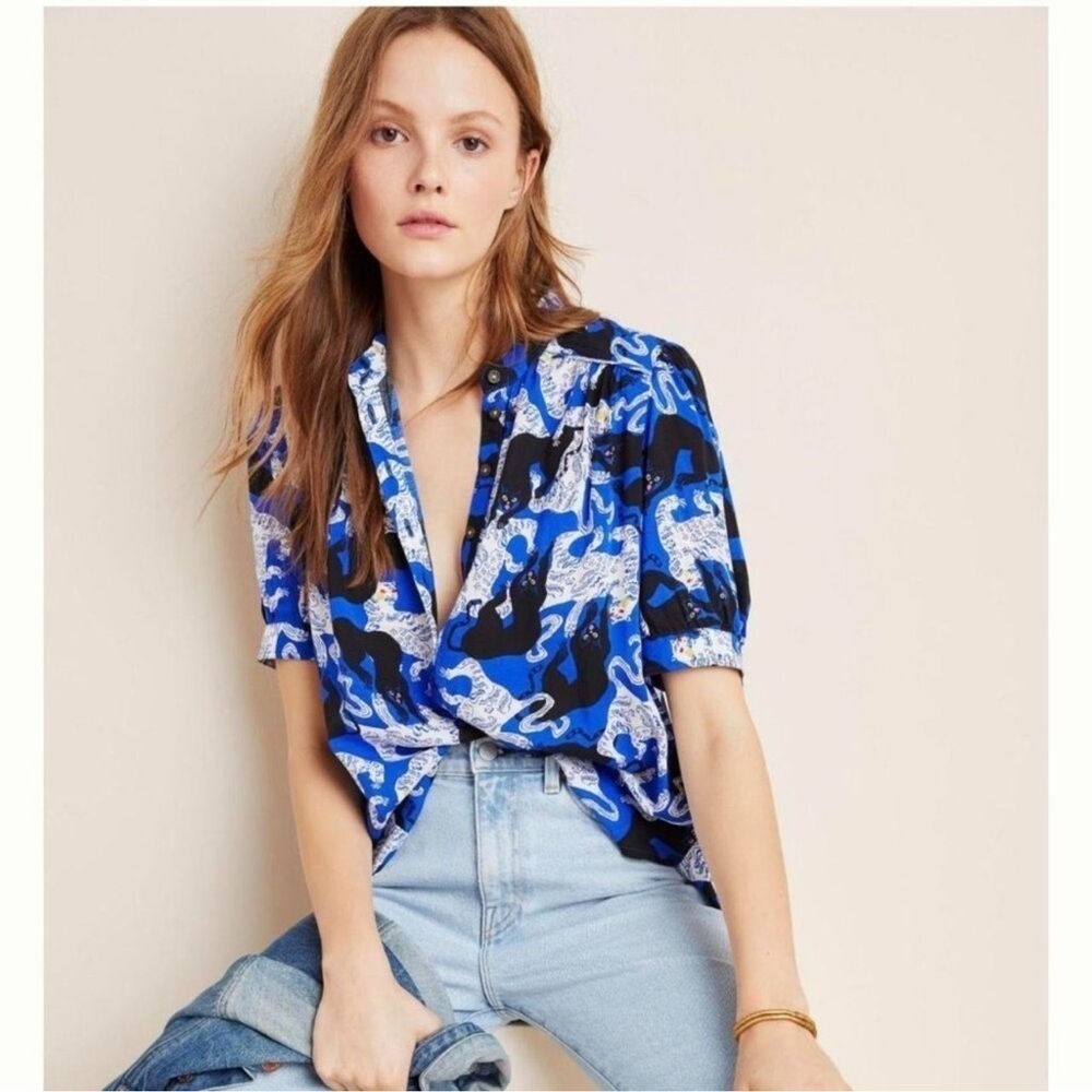 Anthropologie Emily Isabella Robina Tiger Panther Blouse blue white black Sz XS